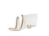 a white cross body bag with a chain strap and a gold clasp