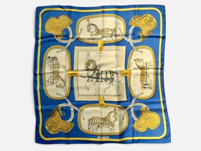 blue and gold silk scarf with a picture of a horse drawn carriage
