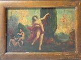 un vieux tableau représentant une femme et deux hommes dans un décor boisé