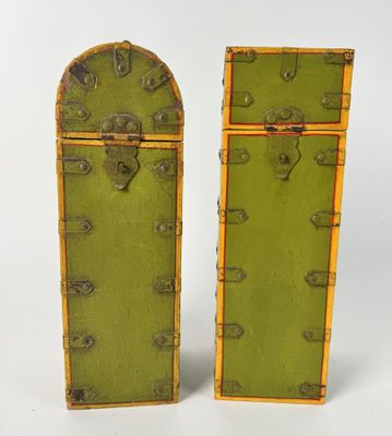 pair of green and yellow painted wooden boxes with metal handles