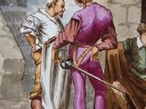 a painting of a man in a purple suit and a woman in a pink dress