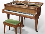 a grand piano with a bench in front of it
