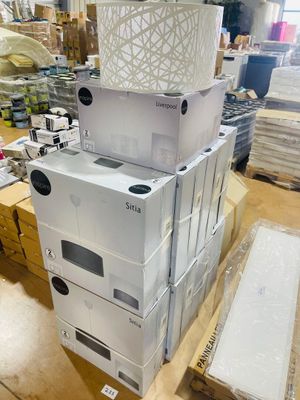 several boxes stacked on top of each other in a warehouse