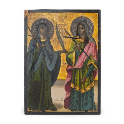 un vieux tableau représentant deux femmes tenant des épées et se tenant côte à côte