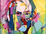 collage en techniques mixtes représentant le visage d'une femme, orné d'éclaboussures de peinture colorées