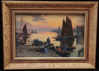 a picture of a painting of boats on the water