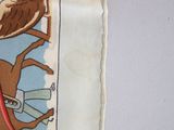 a drawing of a man riding a horse with a bird on his back