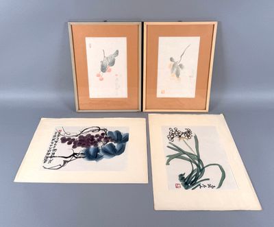 deux tableaux encadrés représentant des fleurs et des fruits posés sur une table