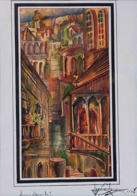 une photo d'un tableau représentant une ville, dans un cadre