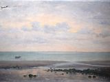 une peinture d'un bateau dans l'eau sur la plage