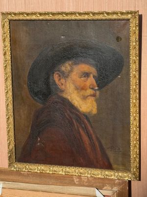 painting of an old man with a black hat and a brown coat