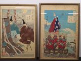two framed prints of a man and a woman on a bridge