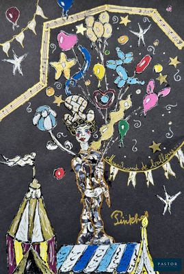 tableau représentant un chapiteau de cirque avec des ballons et un clown au sommet