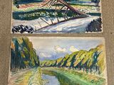 deux aquarelles représentant une rivière et un pont dans un champ