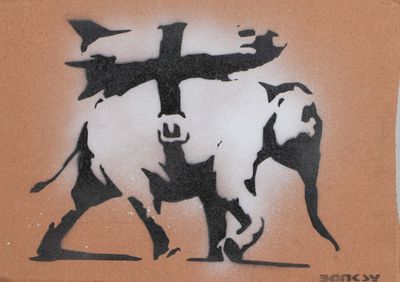 painting of an elephant with a cross on it ' s back walking down a street