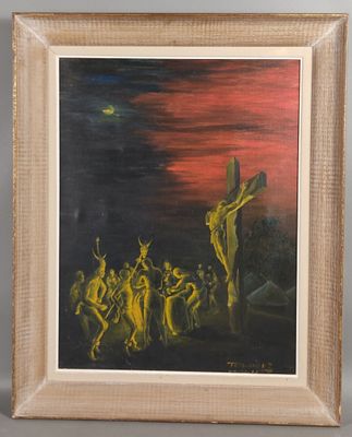 tableau représentant Jésus sur la croix, avec d'autres personnages en arrière-plan
