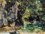 un tableau représentant un ruisseau traversant une forêt