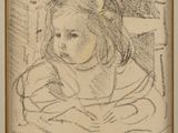 drawing of a young girl sitting in a chair with her head resting on a pillow