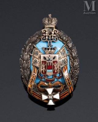 an image of a silver and blue broochle with a coat of arms on it