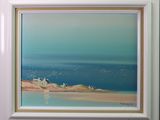 une peinture à l'huile représentant une scène de plage avec des oiseaux volant au-dessus de l'eau