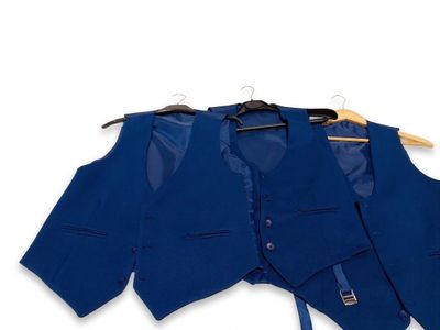 a blue vest and a blue shirt hanging on a hanger