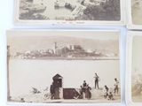 several old black and white photos of people on a beach