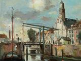 a painting of a boat on the water in front of a building