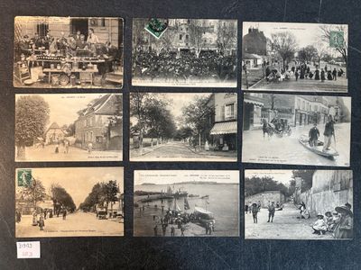 several old black and white photos of people and horses in a town