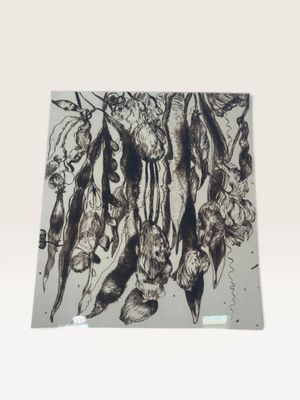 black and white drawing of a bunch of fish hanging from a line
