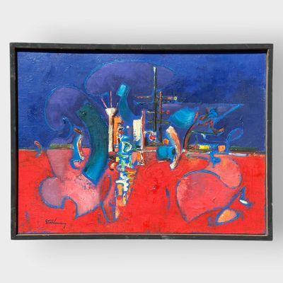 STARHMARY? Composition en bleu et rouge Huile sur toile. Sig…