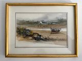 framed watercolor painting of a boat on a beach with a house in the background