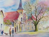 a painting of people and a dog in front of a church