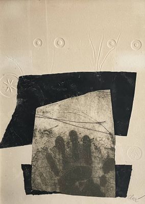 a black and white photo of a handprint on a piece of paper