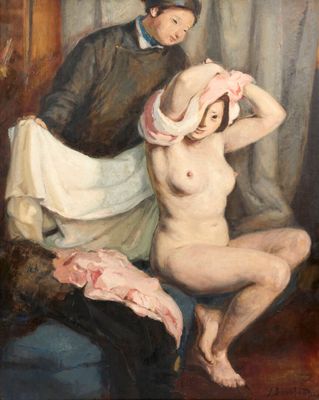 une image représentant un tableau où l'on voit une femme en train de se sécher les cheveux