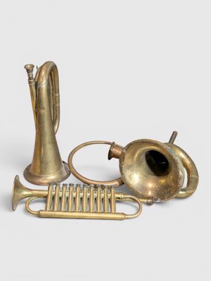 a brass instrument that is sitting on a white surface