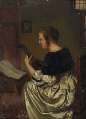 tableau représentant une femme assise sur une chaise en train de jouer d'un instrument de musique