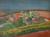 an image of a painting of a landscape with a tree in the foreground