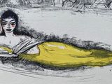 a drawing of a woman laying on the ground reading a book