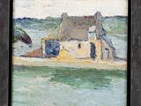 an image of a painting of a house by the water