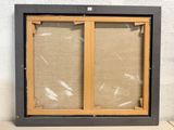 a close up of a picture of a window with a brown frame