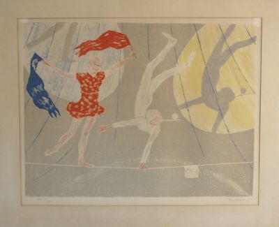 a picture of a painting of a woman on a tightrope