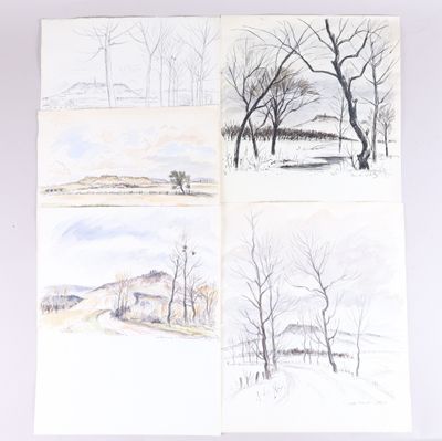 quatre dessins d'arbres dans un paysage enneigé, sur un fond blanc