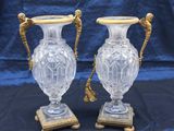pair of antique cut glass vases with brass handles on marble bases