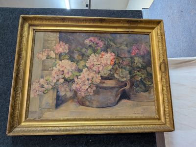 a painting of flowers in a vase on a table