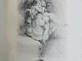 drawing of a woman sitting on a couch with a cat