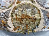 a picture of a table cloth with a picture of a deer and birds on it