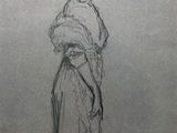 a drawing of a woman in a long dress with a hat on