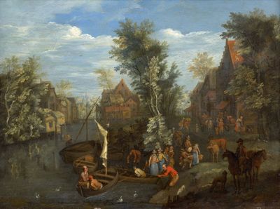 une peinture représentant des personnes sur un bateau dans l'eau