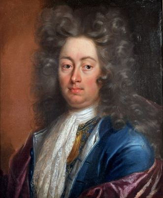 a painting of a man with long hair wearing a blue coat