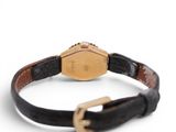 an image of a wrist watch with a leather band and a gold clasp